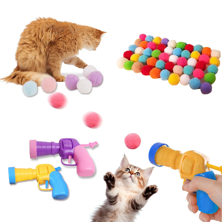 Feline Fun Festive Toy Set: 50 Pom Poms &amp; 2 Launchers