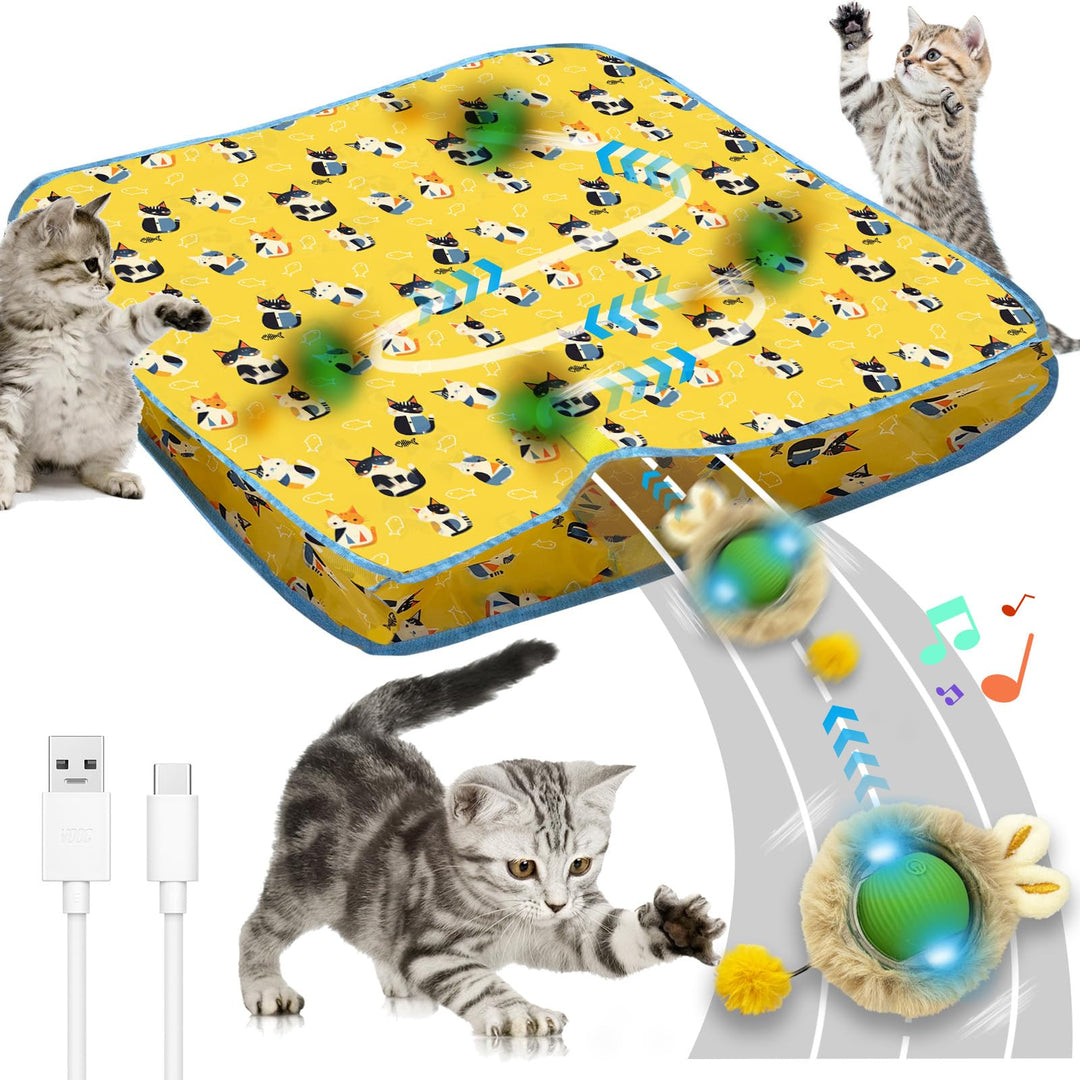 SERENEDWELLING Interactive Cat Toys for Indoor Cats Interactive Kitty Ball Fast Rolling in Pouch Hide and Seek Toy for Bored Indoor Kitten with LED Light 28 Inch Hunting Play Mat